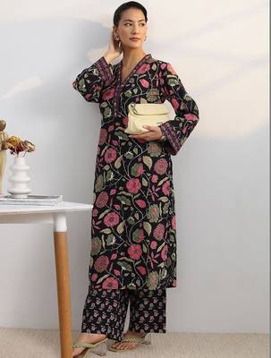 libas black floral print straight kurta set 5