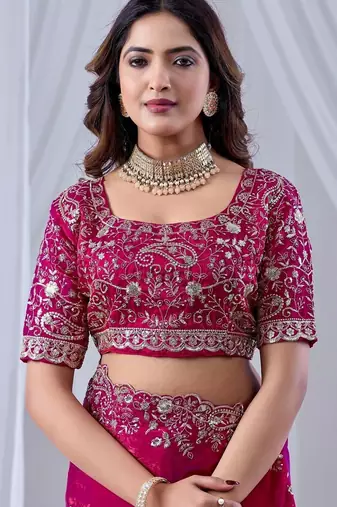 Magenta floral zari silk blend designer saree