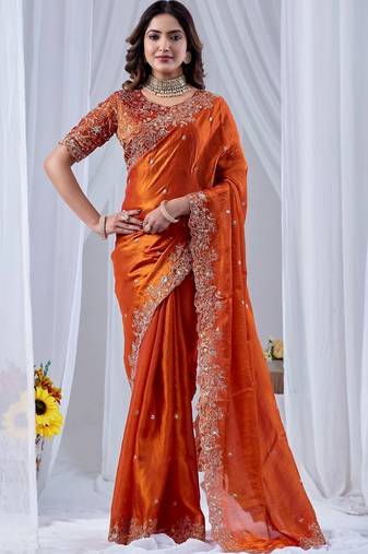 Orange ethnic motifs embroidered silk blend designer saree