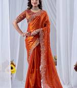 Orange ethnic motifs embroidered silk blend designer saree
