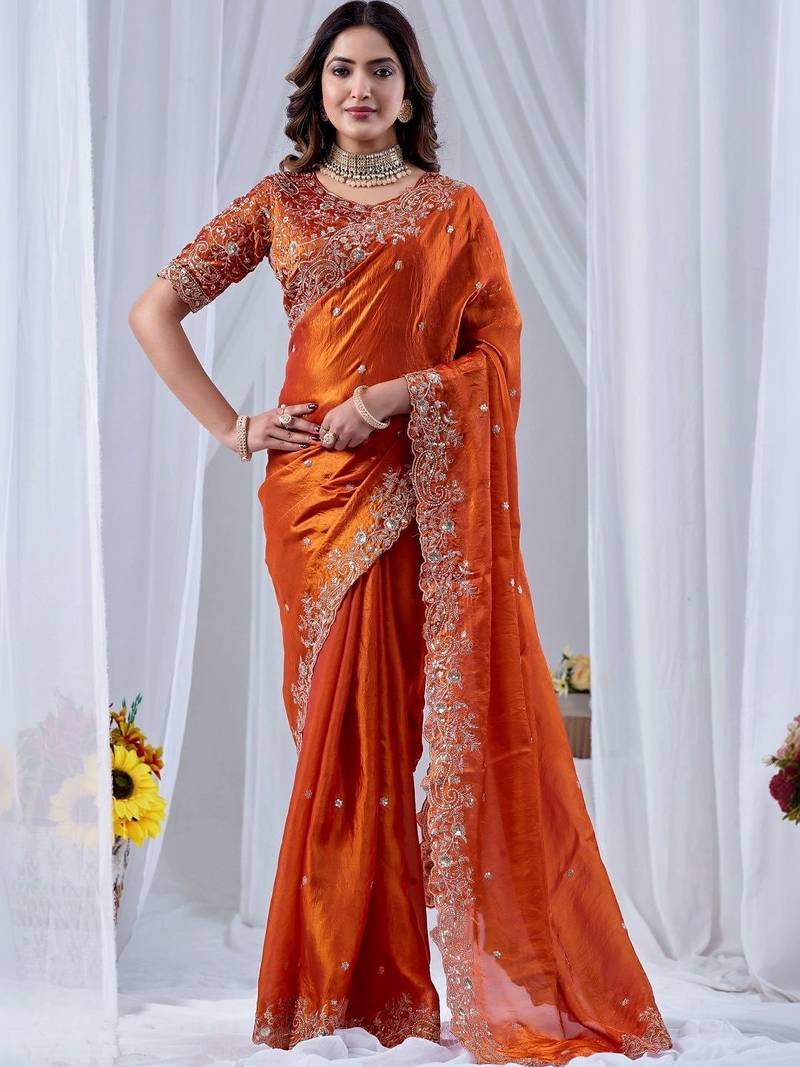 Orange ethnic motifs embroidered silk blend designer saree