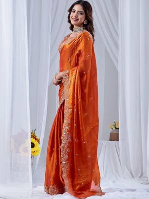 Orange ethnic motifs embroidered silk blend designer saree 2