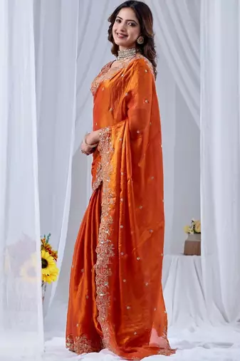 Orange ethnic motifs embroidered silk blend designer saree