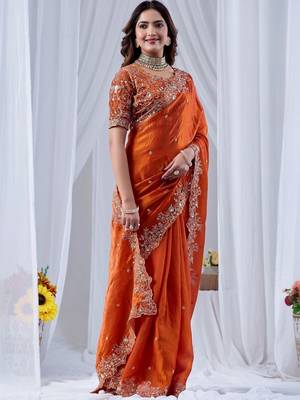 Orange ethnic motifs embroidered silk blend designer saree 3