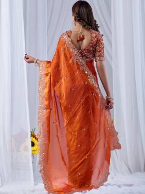 Orange ethnic motifs embroidered silk blend designer saree 4