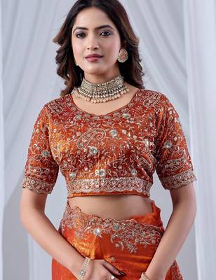 Orange ethnic motifs embroidered silk blend designer saree 5