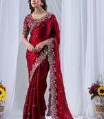 Maroon paisley embroidered silk blend designer saree