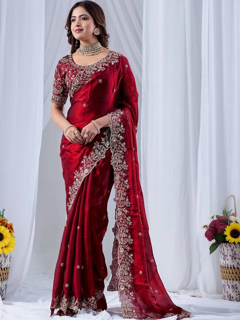 Maroon paisley embroidered silk blend designer saree