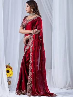Maroon paisley embroidered silk blend designer saree 2