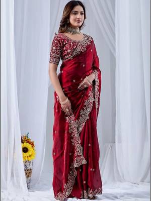 Maroon paisley embroidered silk blend designer saree 3