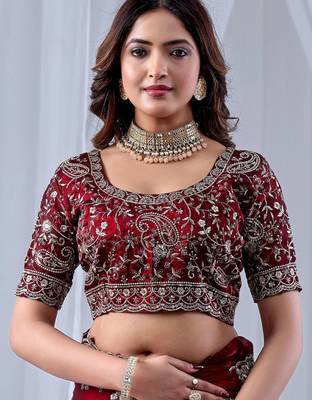 Maroon paisley embroidered silk blend designer saree 5