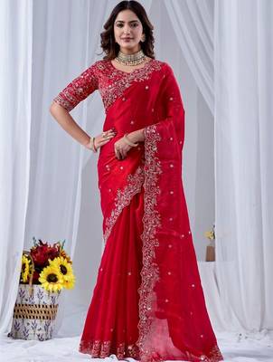 Red ethnic motifs embroidered silk blend designer saree 1