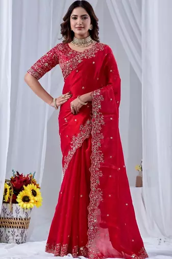 Red ethnic motifs embroidered silk blend designer saree