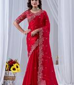 Red ethnic motifs embroidered silk blend designer saree