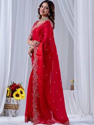 Red ethnic motifs embroidered silk blend designer saree 2