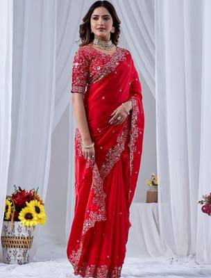Red ethnic motifs embroidered silk blend designer saree 3