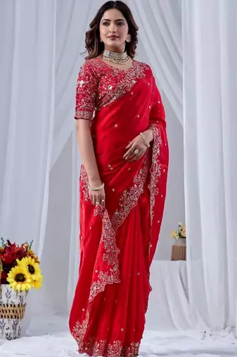 Red ethnic motifs embroidered silk blend designer saree