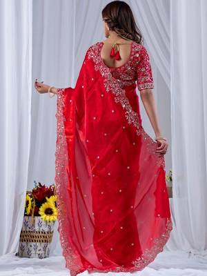 Red ethnic motifs embroidered silk blend designer saree 4
