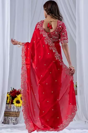 Red ethnic motifs embroidered silk blend designer saree