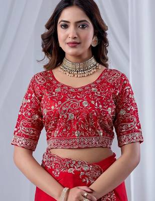 Red ethnic motifs embroidered silk blend designer saree 5