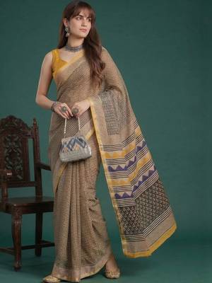Yellow  cotton saree with blouse piece 3
