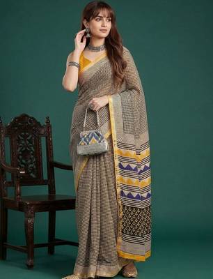 Yellow  cotton saree with blouse piece 4