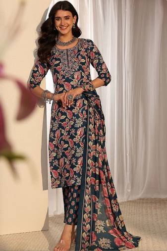 libas blue floral printed straight suit set with dupatta