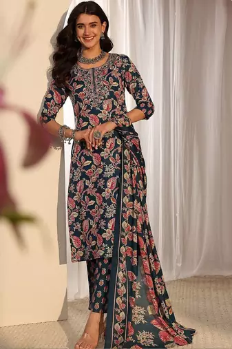 libas blue floral printed straight suit set with dupatta