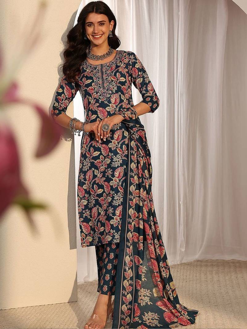 libas blue floral printed straight suit set with dupatta