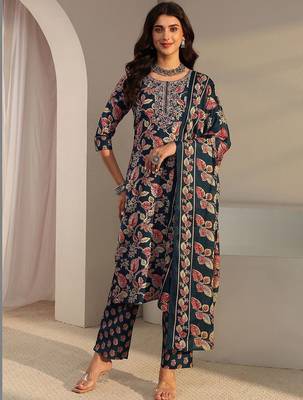 libas blue floral printed straight suit set with dupatta 2
