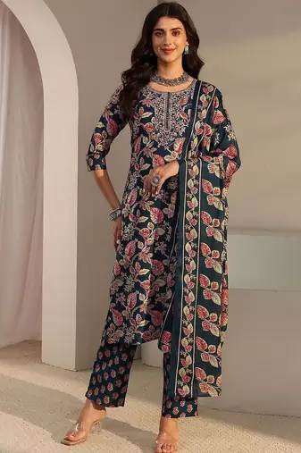 libas blue floral printed straight suit set with dupatta