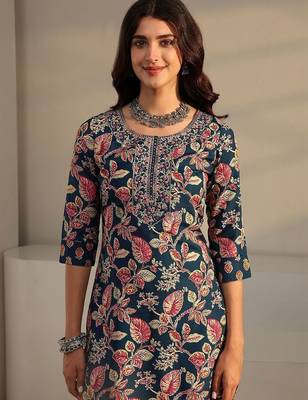 libas blue floral printed straight suit set with dupatta 3