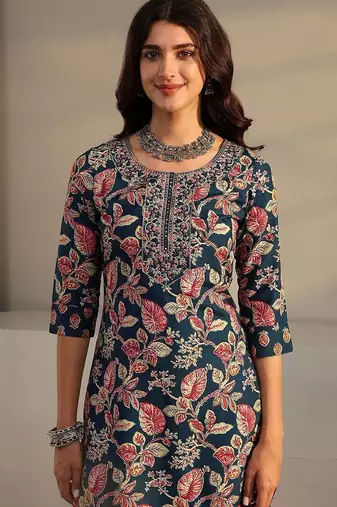 libas blue floral printed straight suit set with dupatta