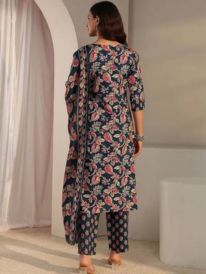 libas blue floral printed straight suit set with dupatta 4