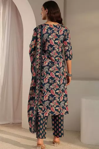 libas blue floral printed straight suit set with dupatta
