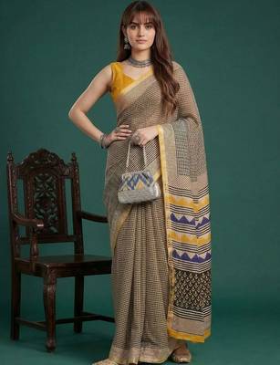Yellow  cotton saree with blouse piece 5