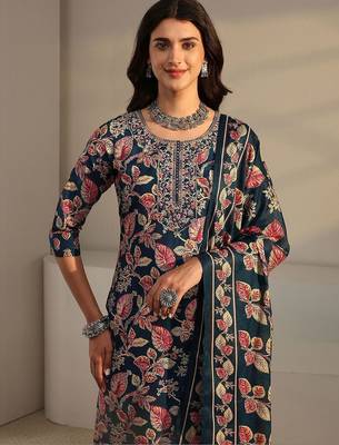 libas blue floral printed straight suit set with dupatta 5