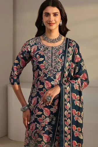 libas blue floral printed straight suit set with dupatta