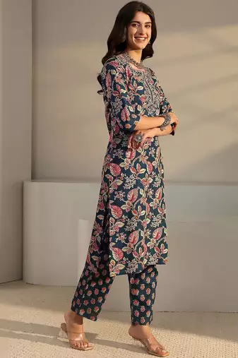 libas blue floral printed straight suit set with dupatta