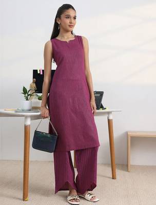 libas burgundy woven design cotton blend straight kurta set 1
