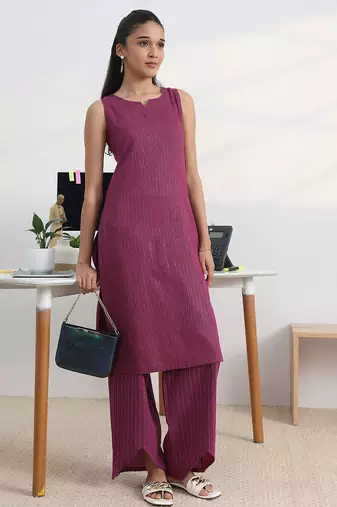 libas burgundy woven design cotton blend straight kurta set