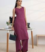 libas burgundy woven design cotton blend straight kurta set