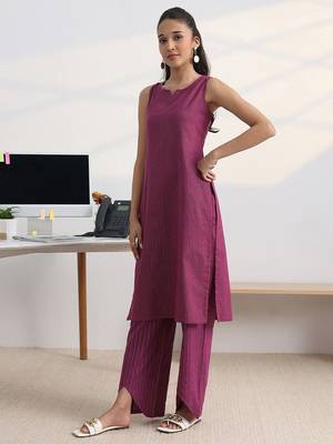 libas burgundy woven design cotton blend straight kurta set 3