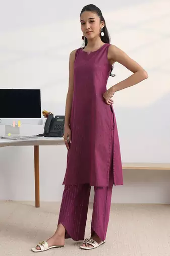 libas burgundy woven design cotton blend straight kurta set