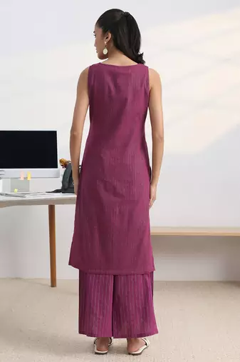 libas burgundy woven design cotton blend straight kurta set