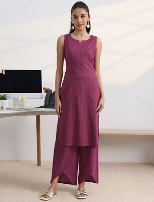 libas burgundy woven design cotton blend straight kurta set 5