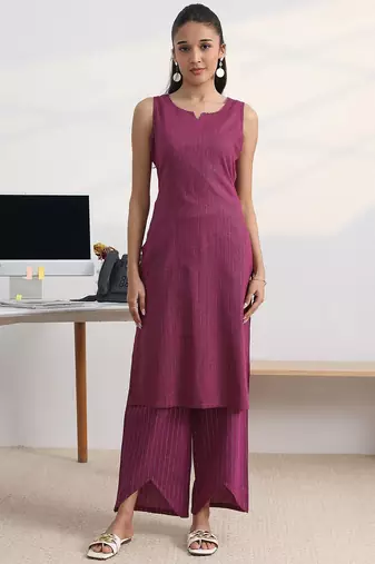 libas burgundy woven design cotton blend straight kurta set