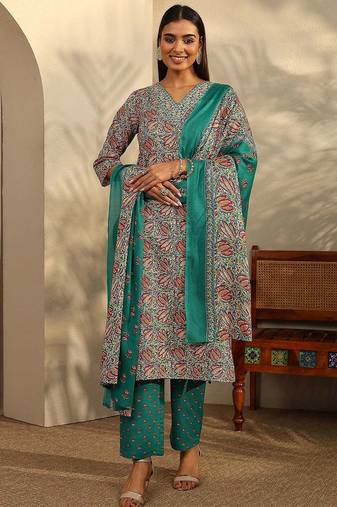 women ethnic motifs printed regular kurta with trousers & with dupatta