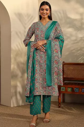 women ethnic motifs printed regular kurta with trousers & with dupatta