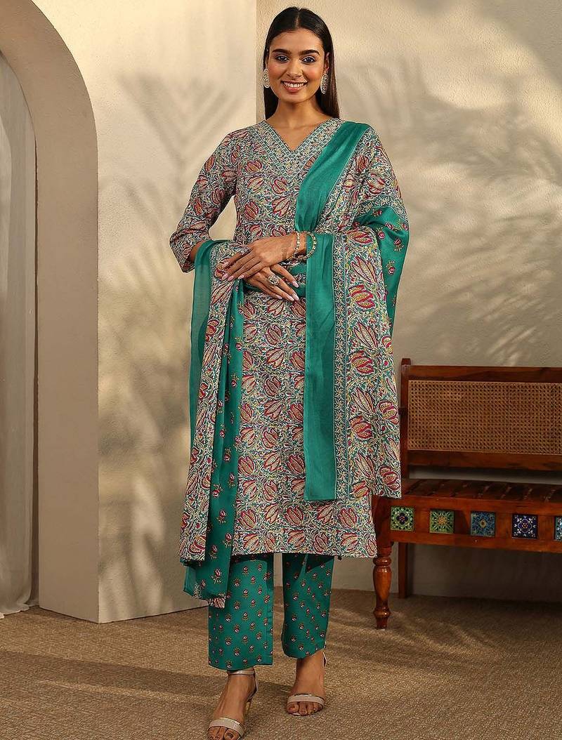 women ethnic motifs printed regular kurta with trousers & with dupatta